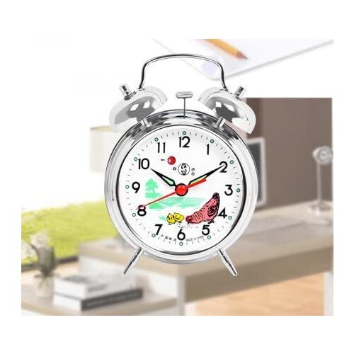 Retro Metal Double Bell Mechanical Alarm Clock Table Clock with Rooster Peck at Rice Design Home Decor Silver