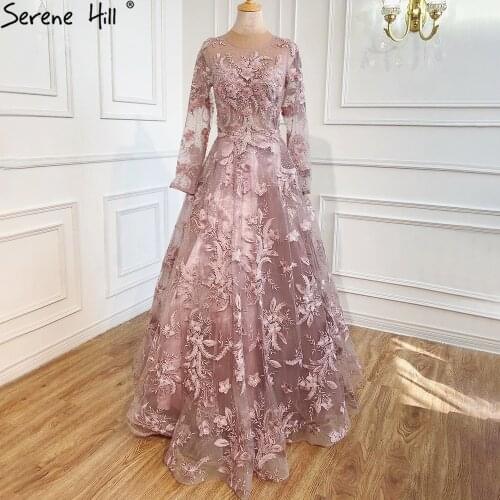 Serene Hill Muslim Pink Beaded Lace A-Line Luxury Long Crystal Evening Dresses Formal Gowns For Women Party 2021 LA70708