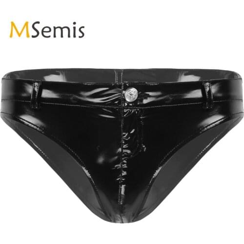 Swimwear Mens Patent Leather Triangle Briefs Low Rise Zipper Open Crotch Underwear Nightclub party Dance Performance Panties