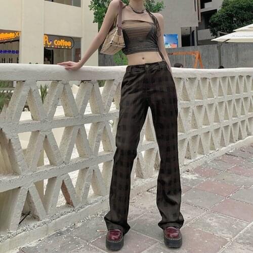 Y2K Vintage Fashion Brown Plaid Pants Women High Waist Casual Straight Long Trousers For Female Retro 90s Pocket Pants Ladies