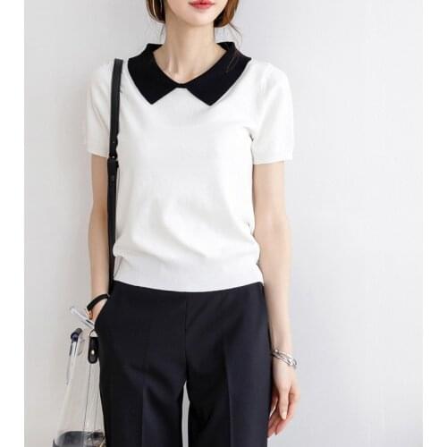 Knitted Pullovers Women Sweaters Fashion Polo Collar Short-Sleeved Stella Filante Jumper Thin Pull Femme 2021 New Summer Top