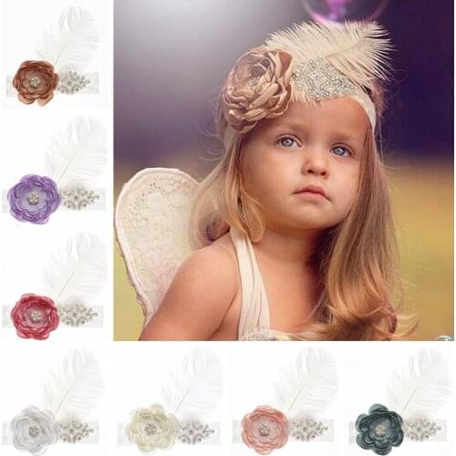Yundfly Baby Girls Rhinestone Flower Headband Elastic Lace Hair Bands Feather Fabric Flower Party Kids Headwear Photo Props