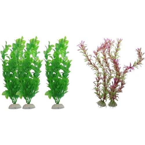 5 Pcs Height Green Plastic Artificial Plants for Aquarium Fish Tank Purple Green, 3 Pcs 10.6 Inch & 2 Pcs 11.4 Inch
