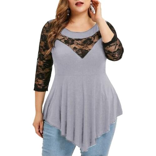 Plus Size Women Blouse Solid Floral Lace O-Neck Asymmetric Top Women Three Quarter Tops Female Short Sleeve Blusas Pullover