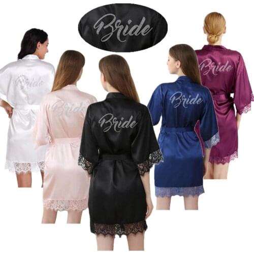 Wholesale Bride Letter Rhinestone Women Satin Kimono Bath Robes Lace Bridesmaid Nightgown Wedding Dressing Gown Bathrobes T52