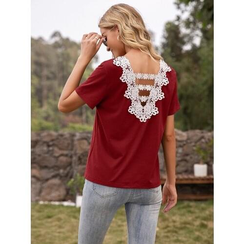 Elegant Style Woman Tshirts 2021 Short Sleeve O Neck T Shirt Back Hollow Out Lace Patchwork Ladies Casual Tops And Tees Female