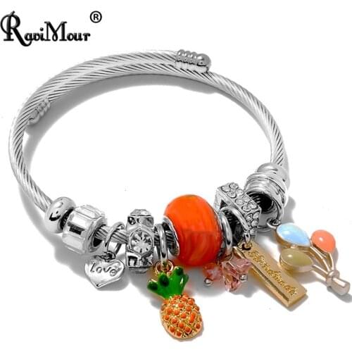 Chic Enamel Pineapple Stainless Steel Bangle Bracelet Women Accessories Fashion Jewelry Love Letter Cuff Bracelets Bijoux Femme