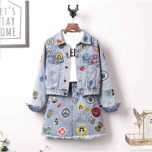 Luxury Quality Embroidery Denim Two piece Set Women 2020 Summer New Casual Appliques Short Jacket Coat and Tassel Skirt Suits