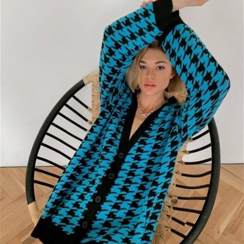 Sweater Women 2021 New Loose V-Neck Houndstooth Long Sleeve Knit Cardigan Jacket Casual Contrast Color Regular Oversize Sweater