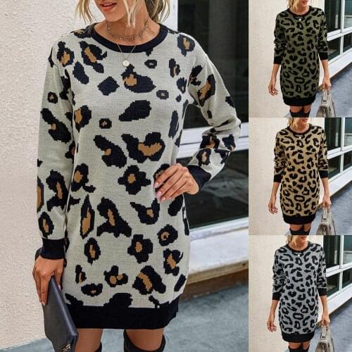 Women Winter Long Sleeve Mini Bodycon Sweater Leopard Print Knit Pullover long outwear Thin outdoor sports street shopping wear