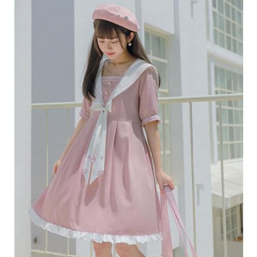 Japanese Sailor Collar Dress Womens Summer Sweet Bow College Style Loose Cute Ruffle Dresses Free Shipping