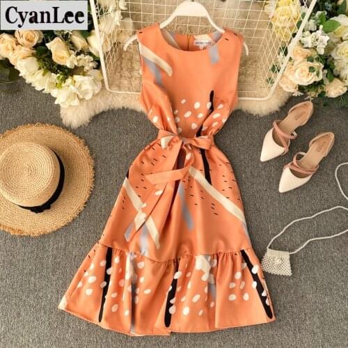 Cyanlee Women Office Lady Dress 2020 Summer New Arrival Print Sleeveless Sashes O-Neck Empire Slim Chic Wild Fashion Dresses