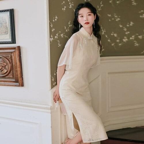 2021 Summer Women Dress Casual Mandarin Collar Polyester A-line Short Sleeve Knee-length Office Ladies Cheongsam Qipao Dresses