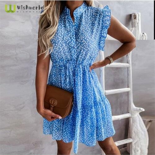 Wishworld Summer 2021 New Dot V-neck Ruffle Sleeveless Waist Lace Up Dress Fashion Casual Sun Dress Party Club Dress