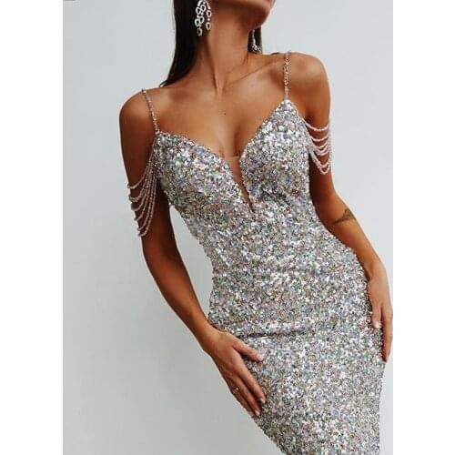 Fashion Sequined Beading Strap Sexy V Neck Evening Party Dresses for Women Summer 2021 Banquet Slim Midi Vestidos Robe BD2072