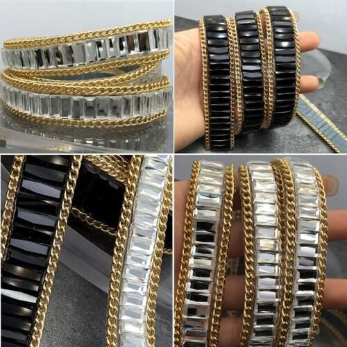 1yd Black Beaded Rhinestons Chain Trim Iron On Diamond Crystal Ribbon Wrap Trim Sewing Wedding Dress Shoes Decoration Accessory