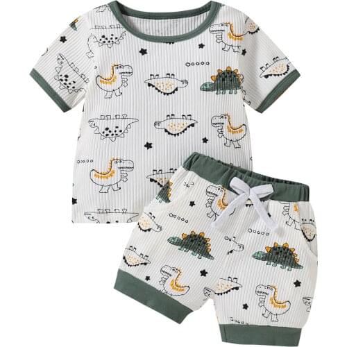 1-5Years Children Dinosaur Print Clothes Set Short Sleeve O-neck Ribbed T-shirt + Elastic Waist Shorts with Bow-knot