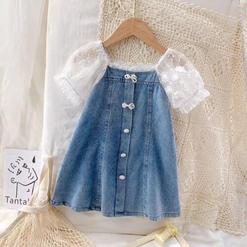 Kids Baby Denim Dresses 2021 Summer New Girls Lace Puff Sleeve Pearl Buttons Princess Dress Children Fashion Clothes Vestidos