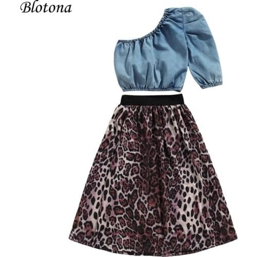 Blotona 2Pcs Kids Girls Fashion Outfits Solid Color Irregular Collar Off Shoulder Denim Top+Elastic Waist Lepoard Skirt 2-7Years