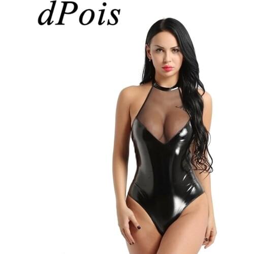 DPOIS Women Leotard Bodysuit Shiny Bright Latex Costume Adult Leather Lingerie Halter Transparent Teddy Romper Swimwear Swimsuit