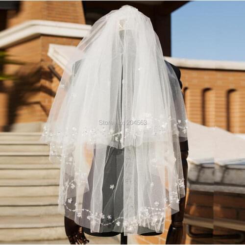 White or Ivory Two Layer Beaded Veil Elbow Length Wedding Veils Tulle Veil for Bride with Comb and Beads M2020