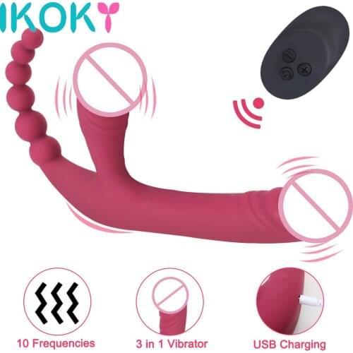 IKOKY 3 IN 1 Dildo Vibrator Powerful Wearable G Spot Anal Vagina Clitoris Stimulator 10 Modes Vibrating Remote Control