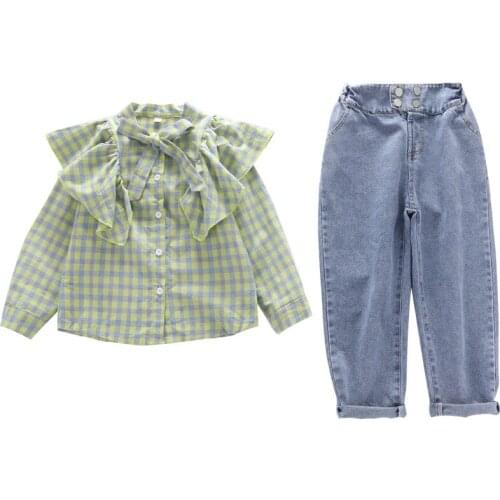 Teen Girls Clothing Set Kids Clothes Girl Bow Plaid shirt+Jeans Suit Children Clothes Spring Autumn Girls Outfits 10 12 14 Years