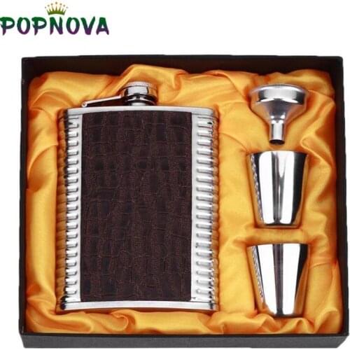 Leather 8Oz Stainless Steel Hip Flask Set Whiskey Flagon Wine with Funnel Cups Wedding Birthday Christmas Valentines Day Gift