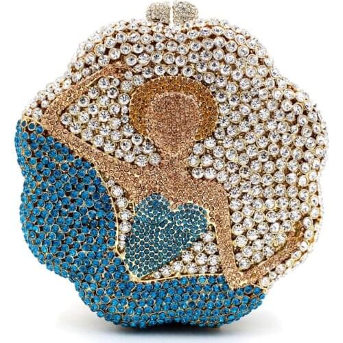 Round Women Crystal Clutch Flower Ballet Girl Evening Purse Mini Minaudiere Handbag Wedding Party Bridal Chain Shoulder Bag