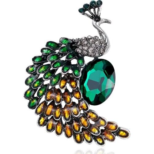 Fashion Enamel Ainmal Brooches For Women Green Crystal Peacock Bird Brooch Pins Wedding Party Jewelry Gift