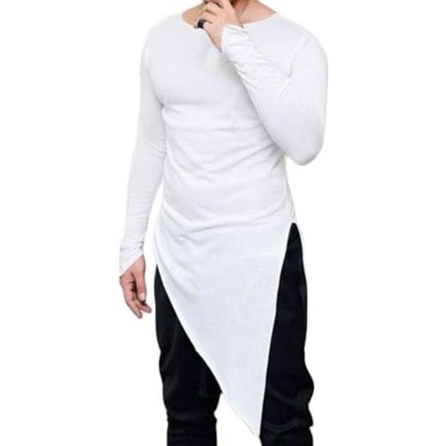 Men asymmetrical design punk hip hop long sleeve t shirt side split long tee shirts mens casual vintage streetwear gothic tops