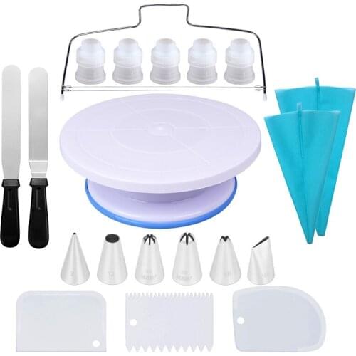 MRF 20PCS Cake Decorations Kit-S/S Icing Tips,Plastic Couplers,Leveler,Turntable,Pastry Scraper,Silicone Bags,Spatulas