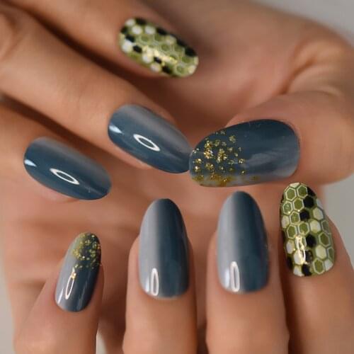 Oval Medium Fake Nails With Geometry Designs Gloss Full Cover Gel Acrylic Nail Tips Press On Fit False Artificial Nail Kit Set