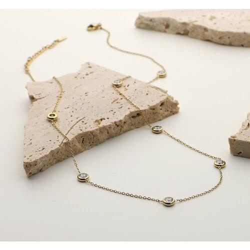 New Design 14K Gold Plated Stainless Steel Jewelry Accessories CZ Stone Pendant Gemstone Choker Necklace