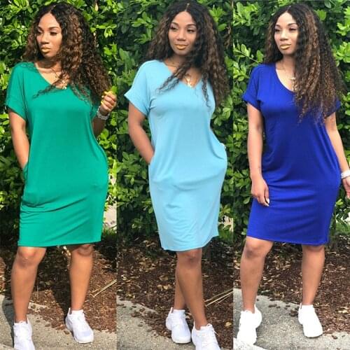 Summer Plus Size Casual Dress Short Sleeve V-neck Knee-length Dress Summer Clothes for Women Fashion Home Loose Dress
