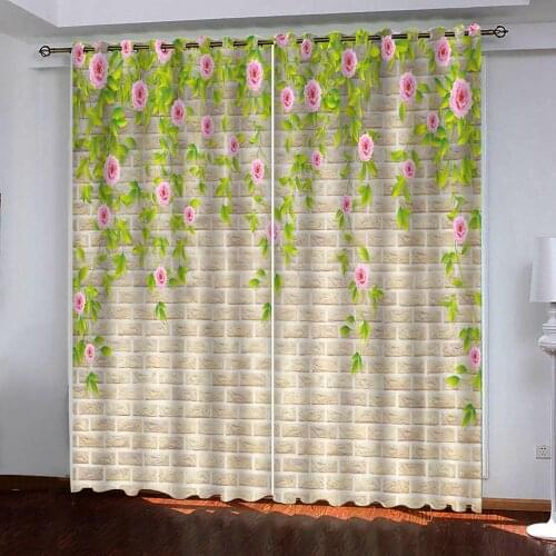 Custom 3D Pink flower brick wall Windows Curtains for Living Room Bedroom Decorative Kitchen Curtain Drapes