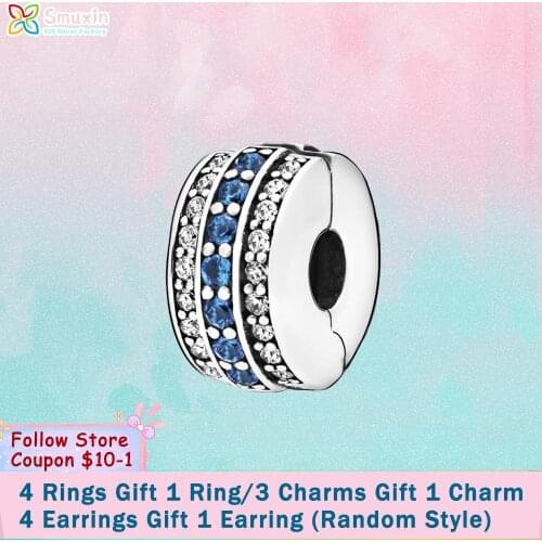 Smuxin 925 Sterling Silver Beads Sparkling Blue Line Clip Charms fit Original Pandora Bracelets for Women Jewelry Making Gift