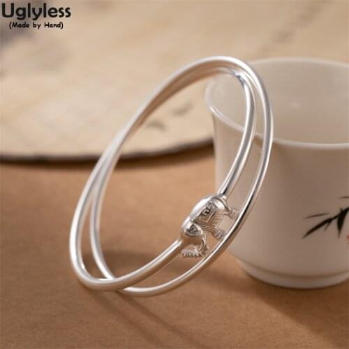 Uglyless 57MM Inner Diameter 2 Circles Crossed Thin Bangles for Women Solid 999 Full Silver Elephant Bangles Animals jewelry