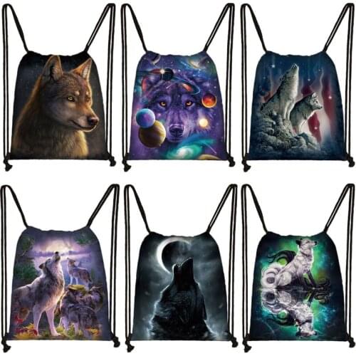The Wolf Barking Print Backpack Women Men Colour Storage Bag for Travel Softback Drawstring Boys Bookbags Shoes Holder Gift