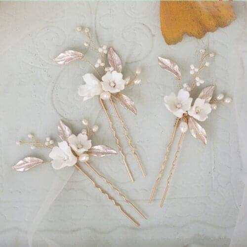 Delicate Floral Hair Pins Bridal Accessories Gold Leaf Headpiece Women Bobby Pin Freshwater Pearls Wedding Jewelry