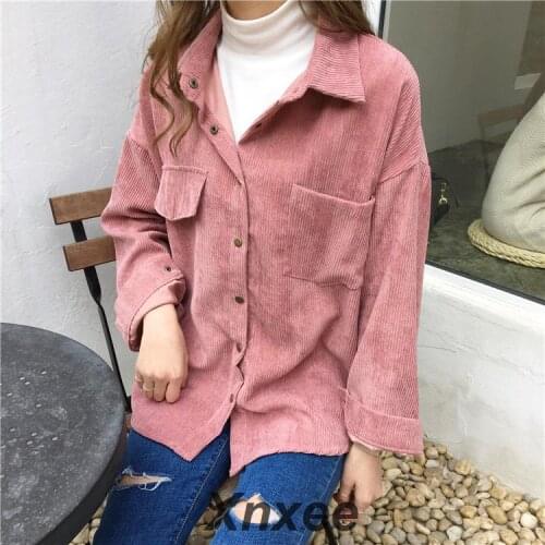 Corduroy Shirt Coat Women Fashion Long Sleeve Preppy Wide Waist Turn Down Collar Crop Jacket Women Casual Pocket Jaket Xnxee