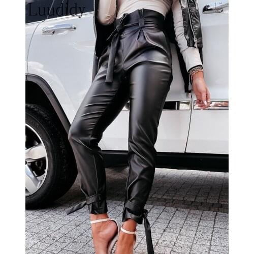 Women Solid Color PU Leather Skinny Pants High Waist Trousers With Sashes