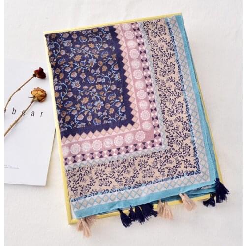 2020 Women Floral Pattern Cotton Voile Tassel Scarf 10pcs/lot