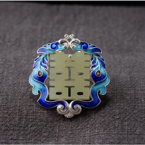 2019 fashion jewelry S925 silver inlaid hetian natural stone pendant Conventional bluing process Double happiness locket female