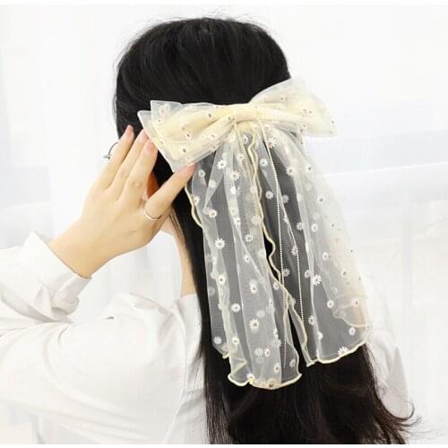 2021 Korean Cute Daisy Hairpin Super Fairy Net Yarn Ribbon Hairpin Girls Fashion Bowsknot Hair Clip Hair Accessories