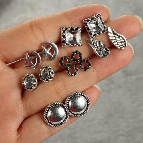 6Pair/set Retro Vintage Angle Wing Geometric Crystal Stud Earrings For Women Ethnic Punk Small Earrings Set Mixed