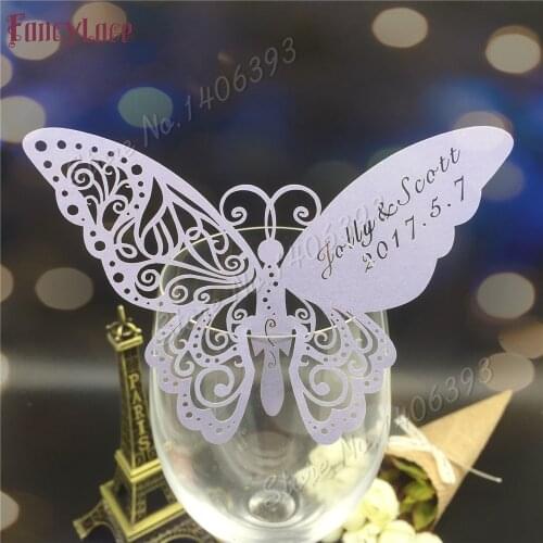 60pcs Butterfly Laser Cut Paper Place Card / Escort Card / Cup Card/ Wine Glass Card Custom Name For Wedding Party Decoration