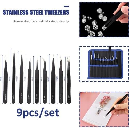 9pcs/set Anti Static Tweezers with Caps Stainless Steel for Picking Up Hand-sewn Electronics Repair Multifunction Tools 2021