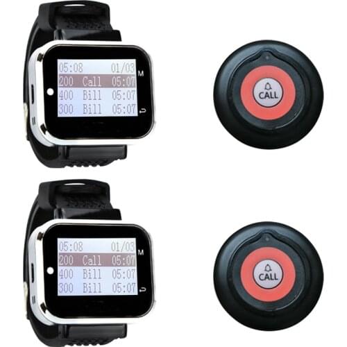 Wireless Paging System For Restaurant 2 Watch Receiver + 2 Buttons Pager Transmitter Guest Call Waiter