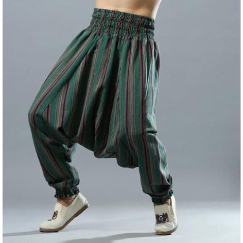 2018 New Men Women Casual hand - knit striped cotton - linen elastic waist crotch pants Baggy harem pants